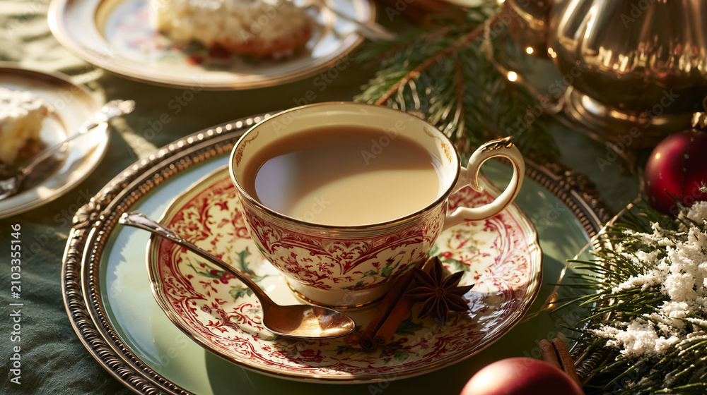 Fototapeta premium Cozy Christmas morning tea with chai spices, warm milky beverage on festive holiday table with cake and ornaments