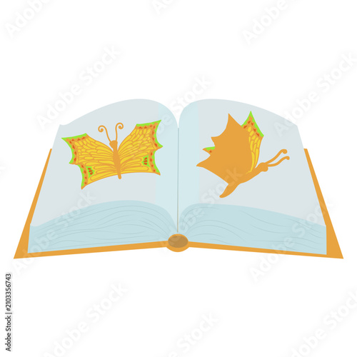 A book spread featuring yellow and orange butterflies. Vector illustration isolated on a white background.