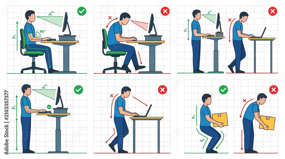Fototapeta premium Guide to proper ergonomic posture for sitting standing and lifting