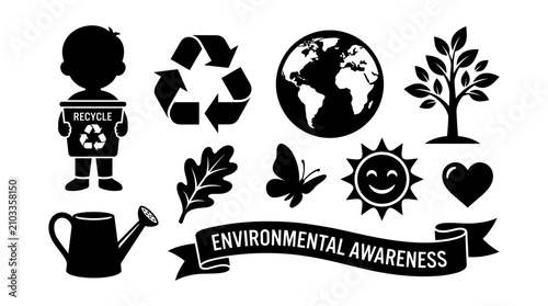 Slika na platnu Environmental Awareness Icons with Recycling Symbol, Globe, Tree, Child, Waterin