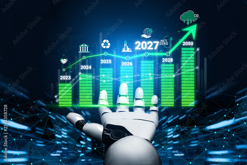 Obraz premium Futuristic Robot Hand Reaching for Graph with Sustainability Goals from 2023 to 2050, Highlighting Progress in Net Zero Emissions Sigmoid