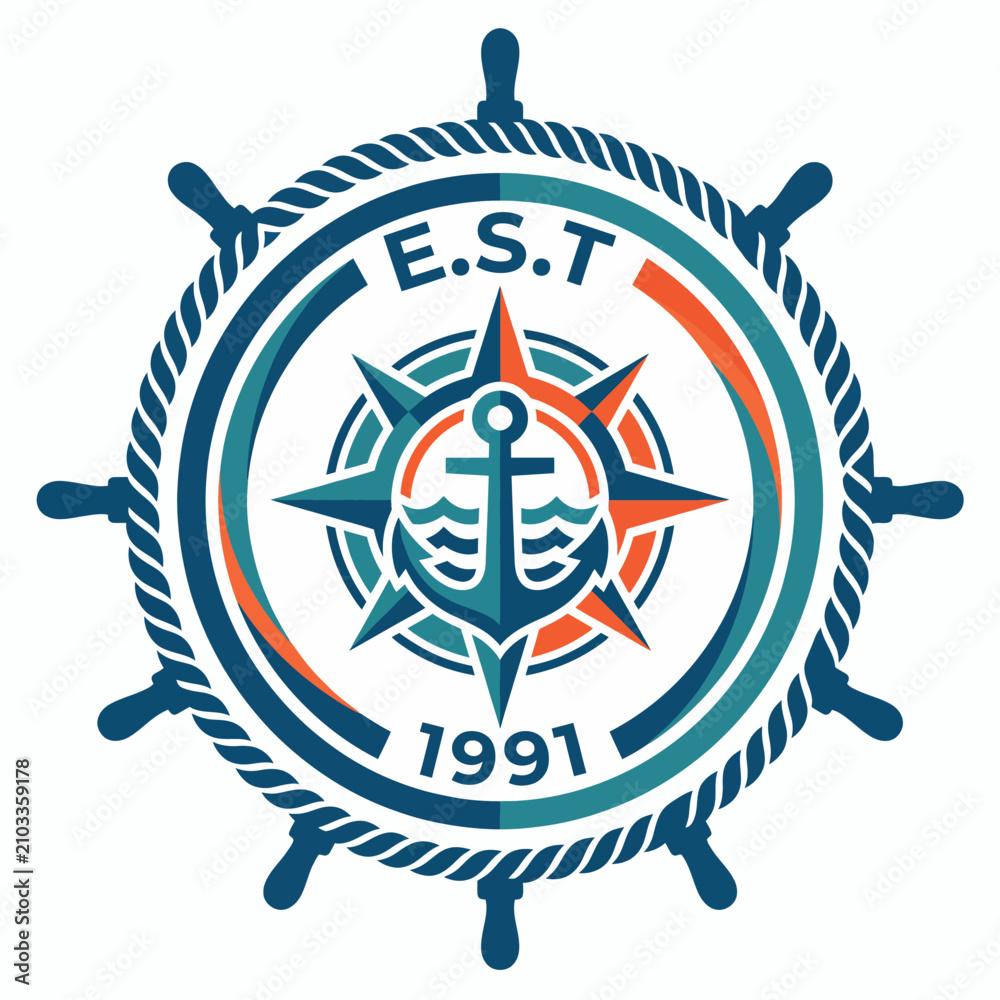 Fototapeta premium This stylish nautical logo features an anchor surrounded by a ship’s wheel, representing maritime themes and adventures, perfect for marine businesses or branding.