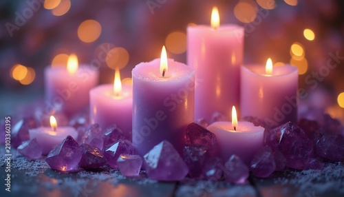 Purple candles burn with warm flames among violet crystals on dark surface. Glowing wax light creates mystical atmosphere for zen meditation. Spiritual ritual setting features amethyst stones with