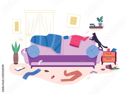 Photos Illustration of an untidy living room with a cat on a sofa cluttered furniture