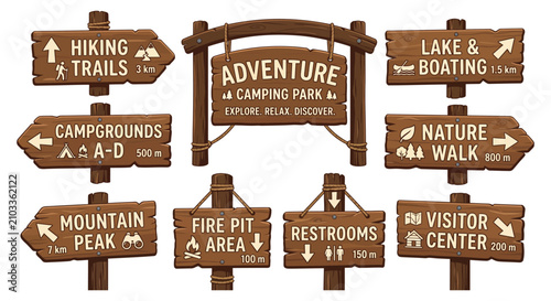 Konstfotografi Wooden signposts with directional arrows and outdoor activity icons vector illus