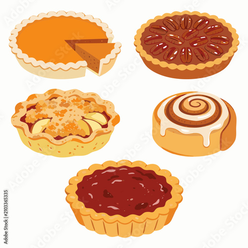 Set of delicious homemade pies and sweet pastries illustration with cinnamon