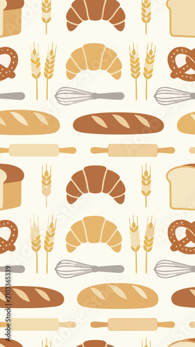 Seamless pattern of baking tools and fresh bread loaves with croissant, seamless