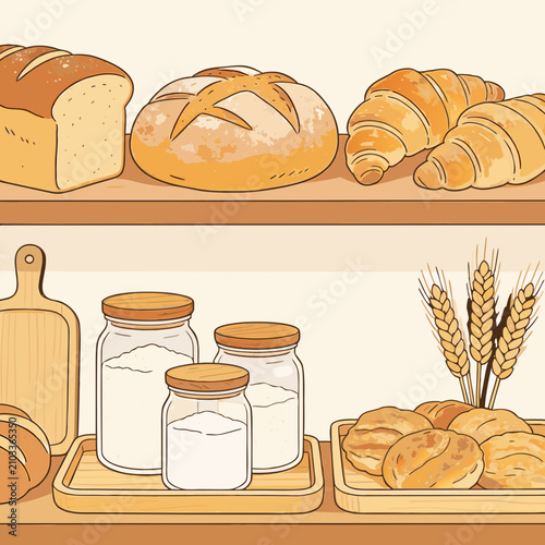 Bakery shelf with assorted fresh bread and flour jars croissant homemade