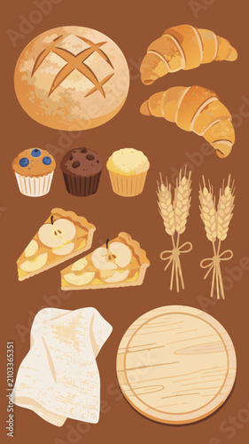 Bakery items collection with fresh bread and pastry elements, croissant