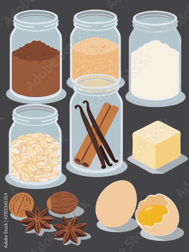 Baking ingredients in glass jars with eggs and spices illustration, ingredients