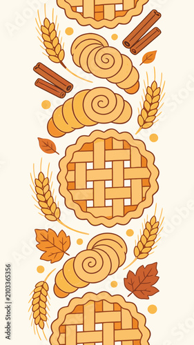 Vertical border pattern with autumn pies wheat and cinnamon, pastries