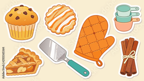 Baking concept set with pastries and kitchen utensils illustration, oven mitt