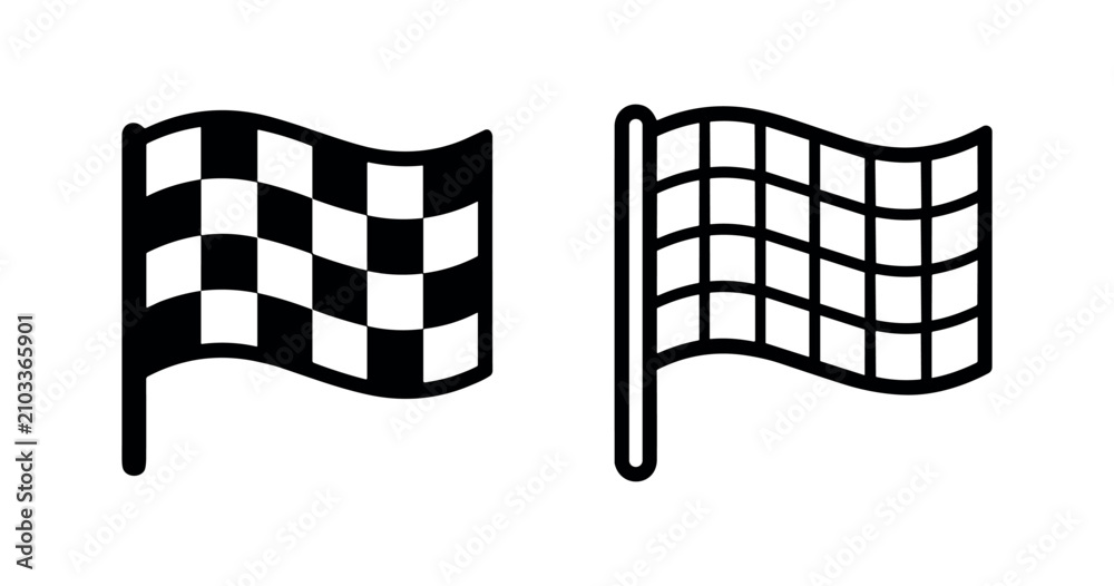 Obraz premium Checkered flag icon set: flat black silhouette and outline line art graphic vector illustration