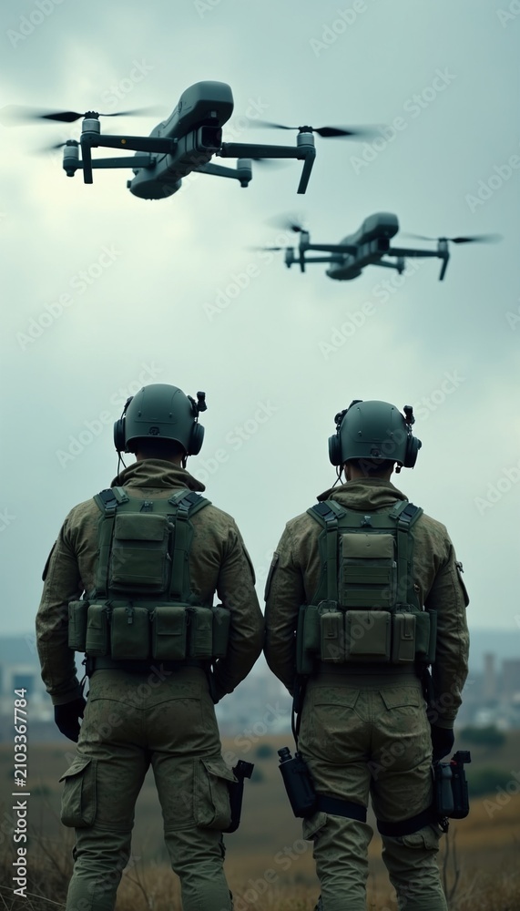 Fototapeta premium Two soldiers in tactical gear stand watching military drones flight in cloudy sky. Armed special forces personnel monitor remote aircraft aerial patrol operations. Combat operators conduct