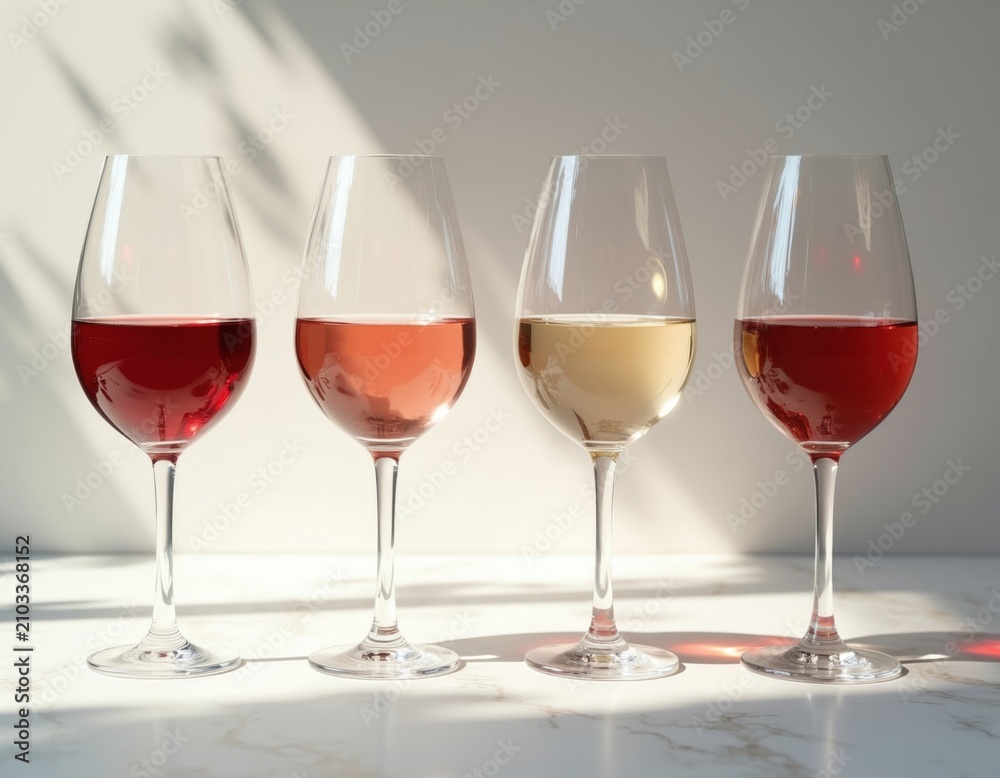 Obraz premium Four elegant crystal glasses hold assorted wine varieties including red rose, white on marble surface. Sunny light creates soft shadows for aesthetic mood. Beverage selection presents luxury dinner