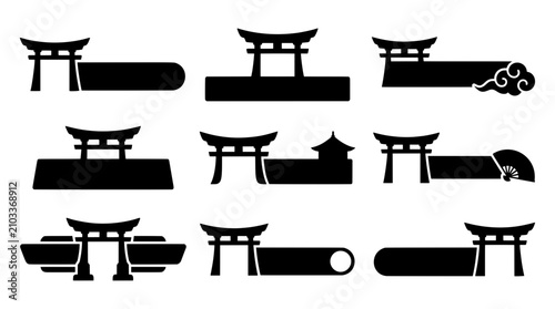 Torii gate stream overlay assets with folding fan, cloud banner and pagoda roof silhouette lower third designs