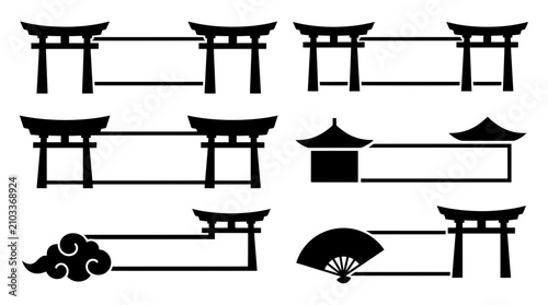 Torii gate lower third banner icons with pagoda, folding fan and cloud silhouette accents for stream overlays