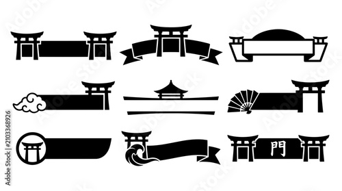 Torii gate outline banner frames with pagoda roof, cloud and folding fan corner details for stream overlays