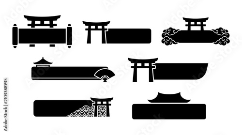 Torii gate outline banner icons with cloud, pagoda roof and folding fan lower third for Japanese stream overlays