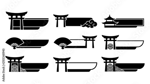 Torii gate stream overlay icons with pagoda roof, folding fan and cloud swirl banner design elements