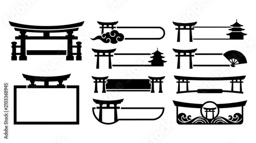 Torii gate boat shaped banner icons with pagoda roof, folding fan and cloud swirl stream overlay design