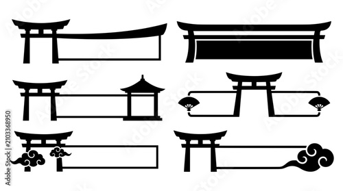 Torii and Japanese motif vector assets with folding fan, wave pattern boat shaped banner overlay elements