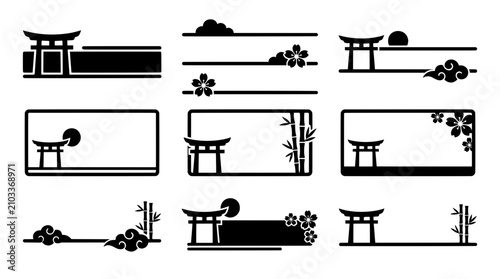 Torii stream assets with curved boat banner, pagoda tower and folding fan lower third overlay design elements