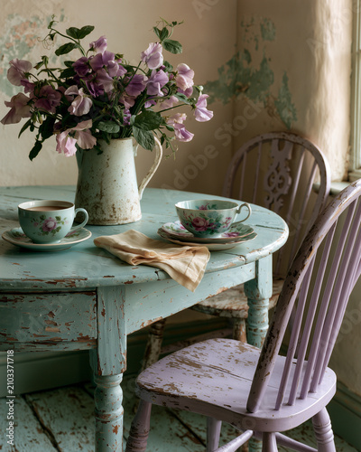 Rustic Shabby Chic Tea Setting with Distressed Pastel Furniture and Fresh Sweet Peas