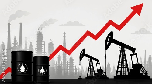 An illustration depicting a rising graph superimposed over oil barrels and pumps with an industrial backdrop