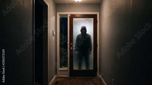 Creepy figure in hoodie standing outside front door glass looking into dark home interior corridor spooky thriller scene