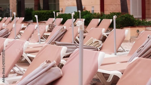 Rows of empty lounge chairs with beige cushions and white frames arranged neatly by a swimming pool area surrounded by greenery and modern architecture