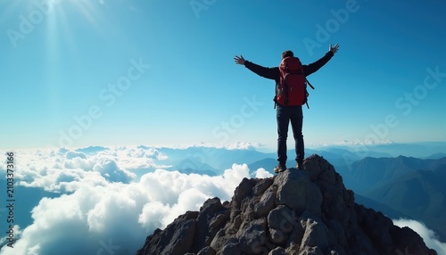 Hiker stands on mountain peak with arms raised high. Person with red backpack reaches top of rocky summit above white clouds during sunny day. Traveler enjoys success, freedom on top of hill.