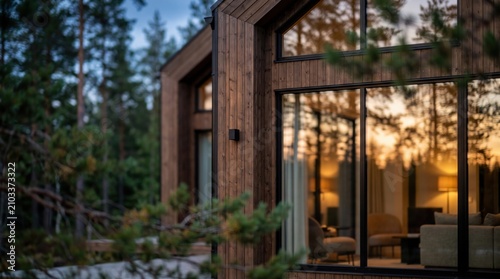 Modern Wooden Cottage in Pine Forest at Dusk, Large Glass Window Displaying Cozy Interior with Warm Light, Contemporary Architecture in Nature