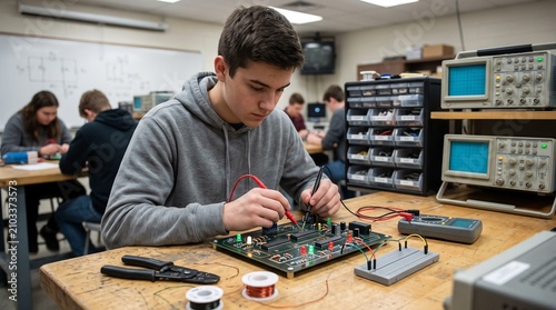 Focused Engineering Student Testing Circuit Board in University Electronics Laboratory