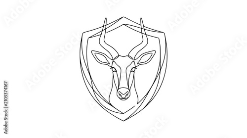 Minimalist continuous line art of an antelope head inside a shield outline on white background.