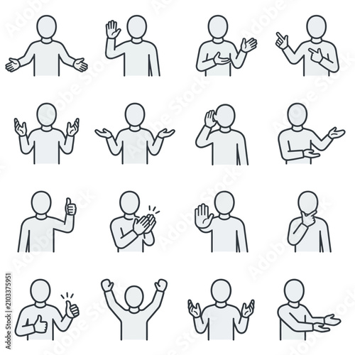 Foto Human icons performing communication gestures and body language.