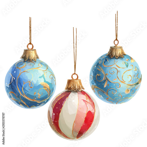 Canvas Print Christmas Ornaments watercolor vector, hand-painted style, high-quality illustration isolated on white background