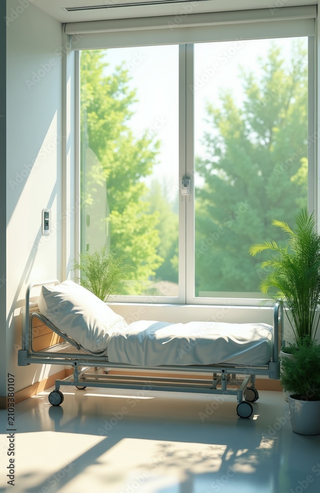 Fototapeta premium Modern hospital room interior with medical bed near large window. Sunny space features white linen sheets, green indoor plants for patient recovery. Bright airy design provides comfortable