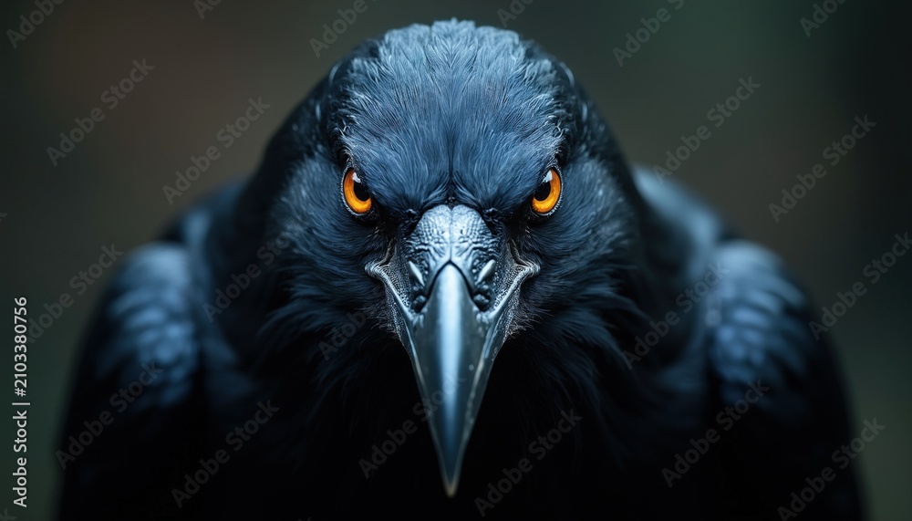 Obraz premium Macro portrait of black raven with bright orange eyes. Dark bird head focus on sharp beak, feathers. Wild creature stares directly forward. Majestic scavenger animal looks intense with depth of field