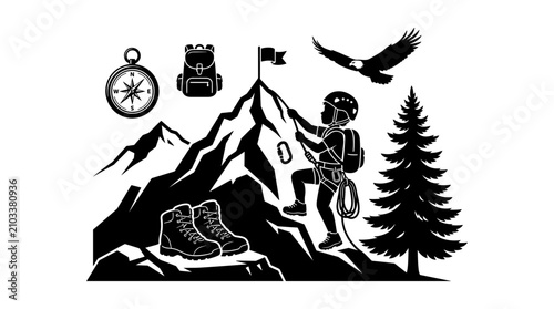 Foto Mountain Camp Adventure Illustration with Camping Gear, Compass, Backpack, Climb