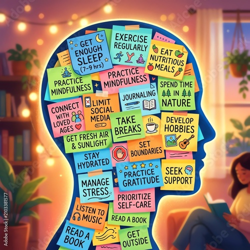 Mindful Self-Care Strategies Inside Human Head Silhouette, Mental Wellness Concept