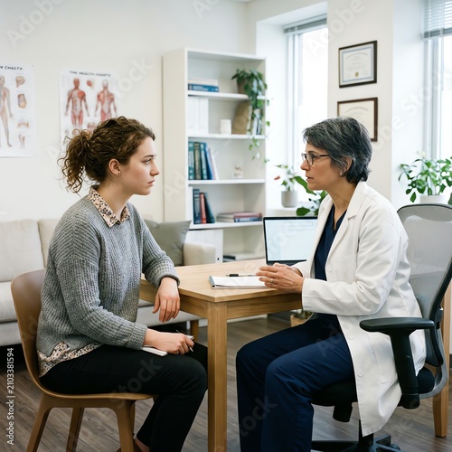 Doctor consulting with young woman patient in modern medical office