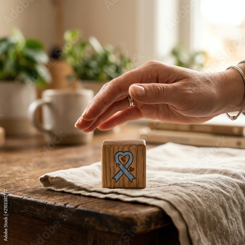 Hand reaching for wooden block with awareness ribbon and heart symbol
