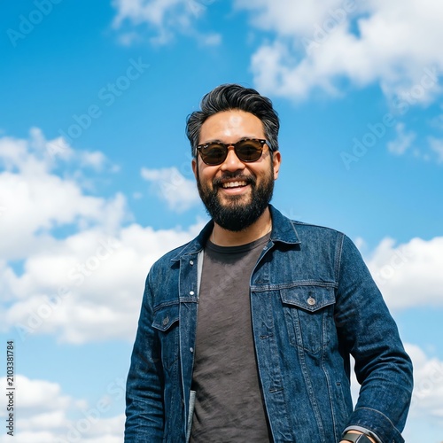 Smiling Man in Denim Jacket and Sunglasses Against Blue Sky with Clouds