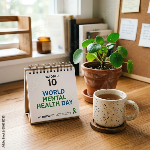 World Mental Health Day desk setup with calendar, tea, and plant
