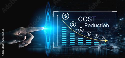 Foto Futuristic Cost Reduction Concept with Hand Touching Digital Graph Showing Declining Expenses and Financial Growth on Abstract Background