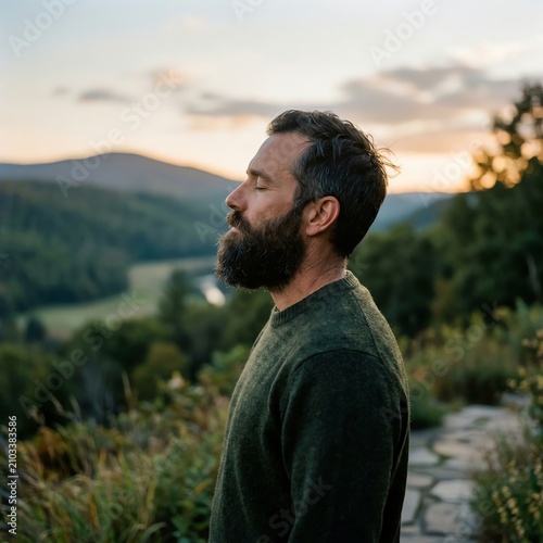 Man meditating outdoors at sunset, with eyes closed, beard, serene landscape background.