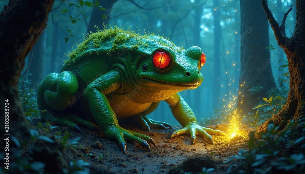 Obraz premium Large green frog creature with glowing red eyes sits in foggy forest clearing. Moss grows on back of mythical amphibian. Magic sparkles rise from soil near toad beast. Scary monster character stands