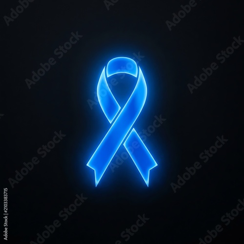 Glowing Blue Awareness Ribbon on Black Background - Symbol of Hope and Support
