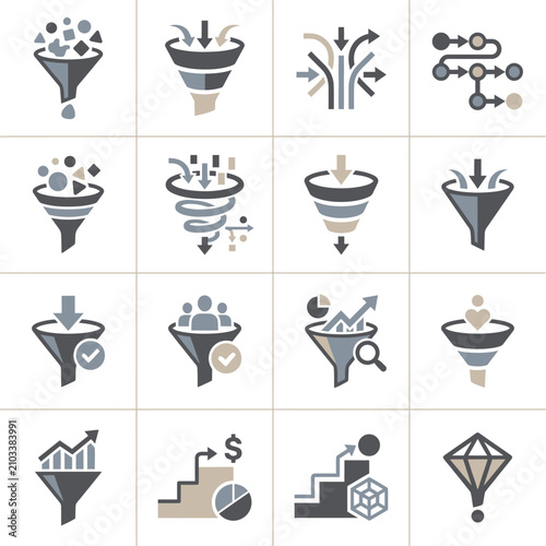 Sales funnel and business marketing process flow icons.